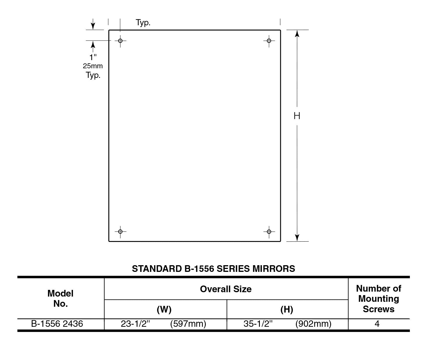 Bobrick, Bobrick 1556  - 24" x 36" Frameless Wall Mirror